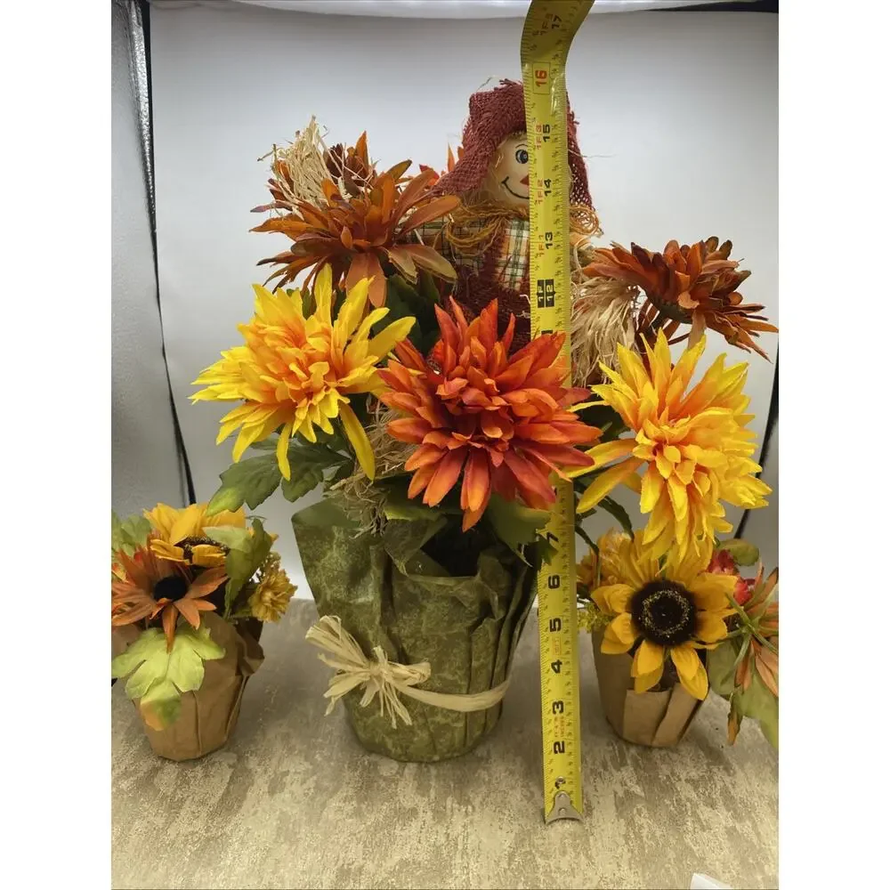 Whimsical Fall Scarecrow Floral Display in Pot Along With 2 Small Floral Pots